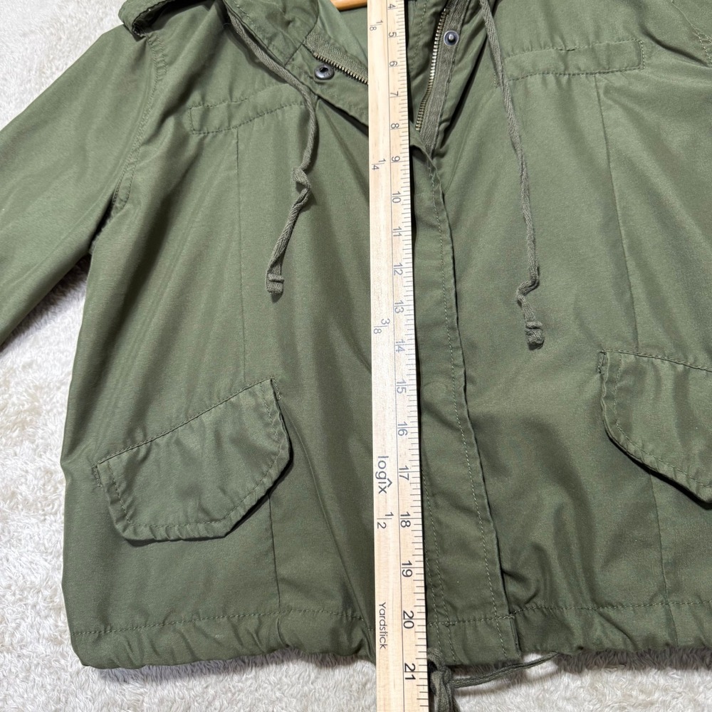 Forever 21 Utility Jacket Womens XS Olive Green Hooded Roll Tab Military Coat - Picture 9 of 13